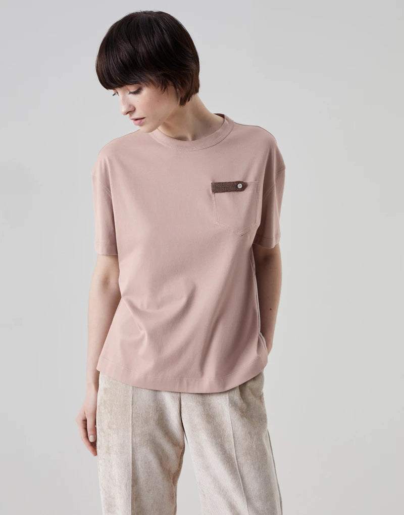 Cotton lightweight jersey T-shirt with precious button tab