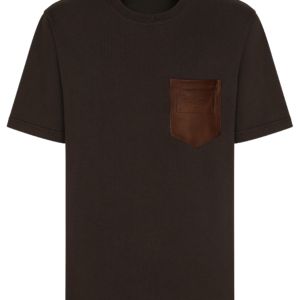 Cotton T-shirt with leather breast pocket and logo