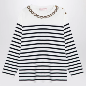 VALENTINO IVORY/NAVY STRIPED JERSEY WITH EMBROIDERY
