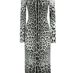 Charmeuse calf-length sheath dress with leopard print