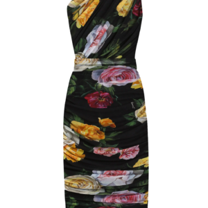 Tulle one-shoulder calf-length dress with peony and rose print